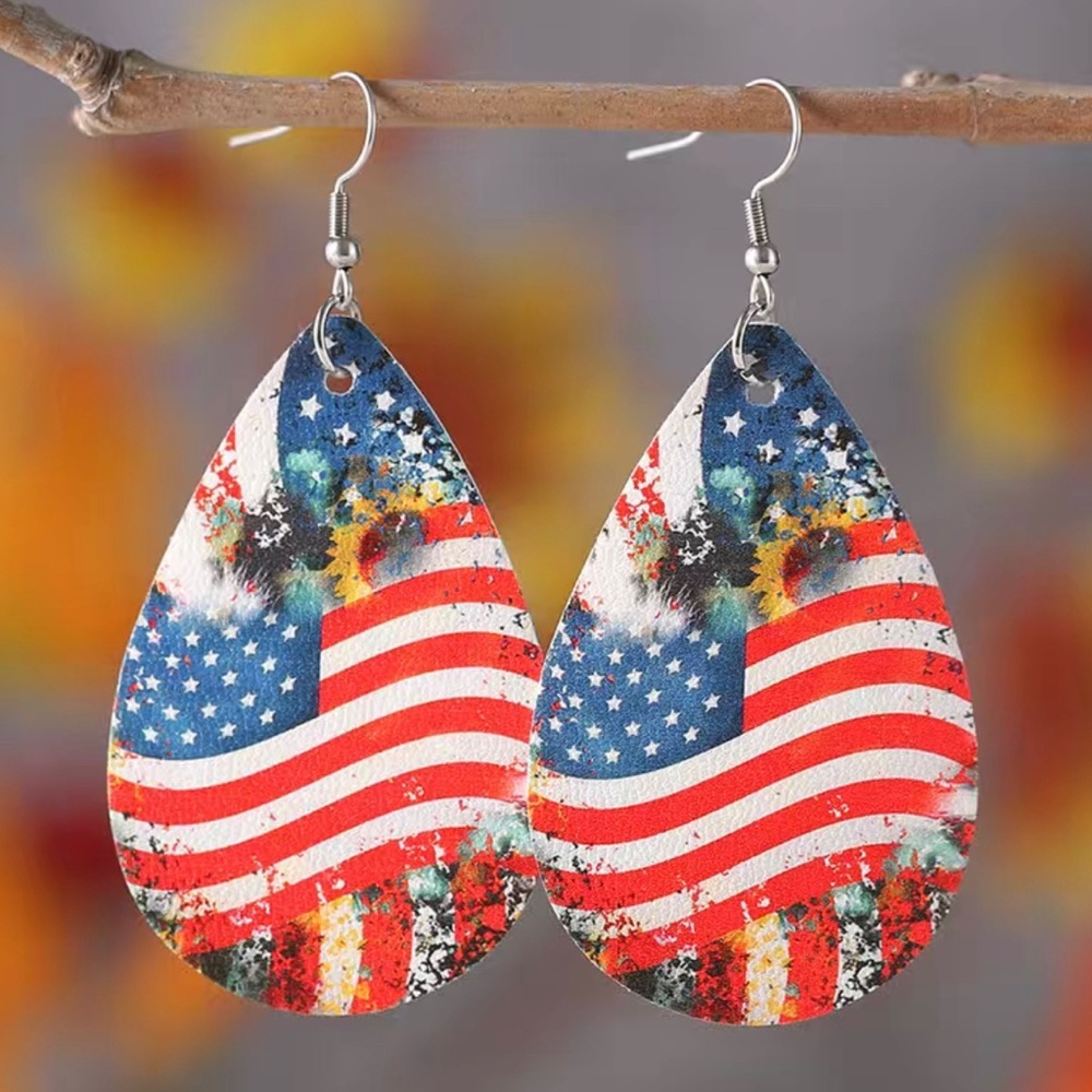 Flag teardrop earrings. Light wt faux leather. Bright design both sides. 3” NIP